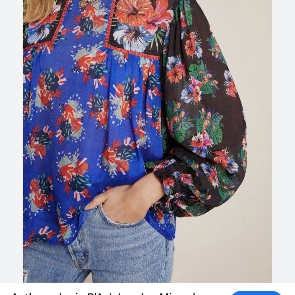 Anthropologie Bl^nk London Miranda Peasant Blouse Floral Eclectic Sz XSmall Blue - Picture 4 of 10